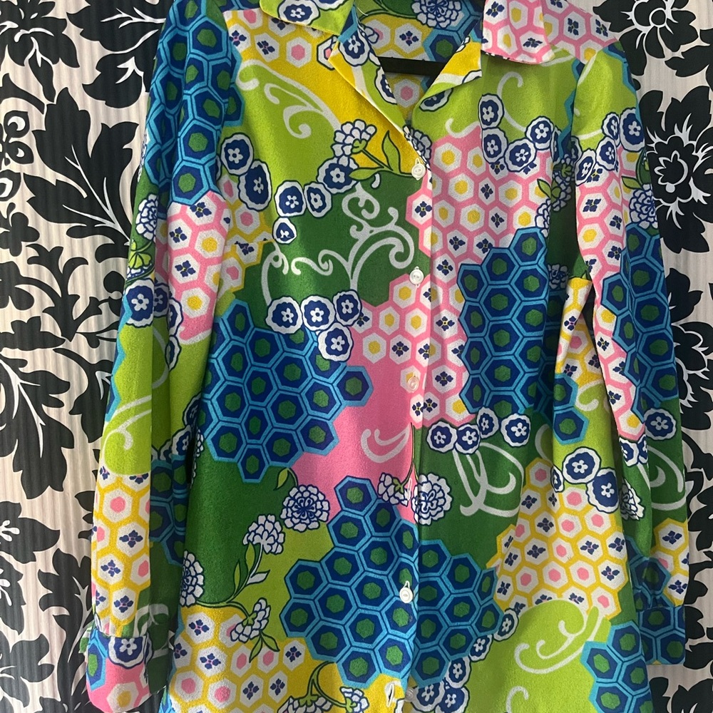 Bold Multicolor Floral-Geometric Button Front Blouse - Lime Pink Blue
